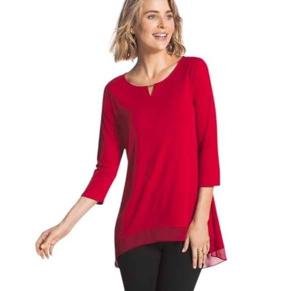 Chicos Cherry Red Demi Woven Mix Knit Top 3/4 Sleeve Hi Lo Hem Women Large - Picture 1 of 16